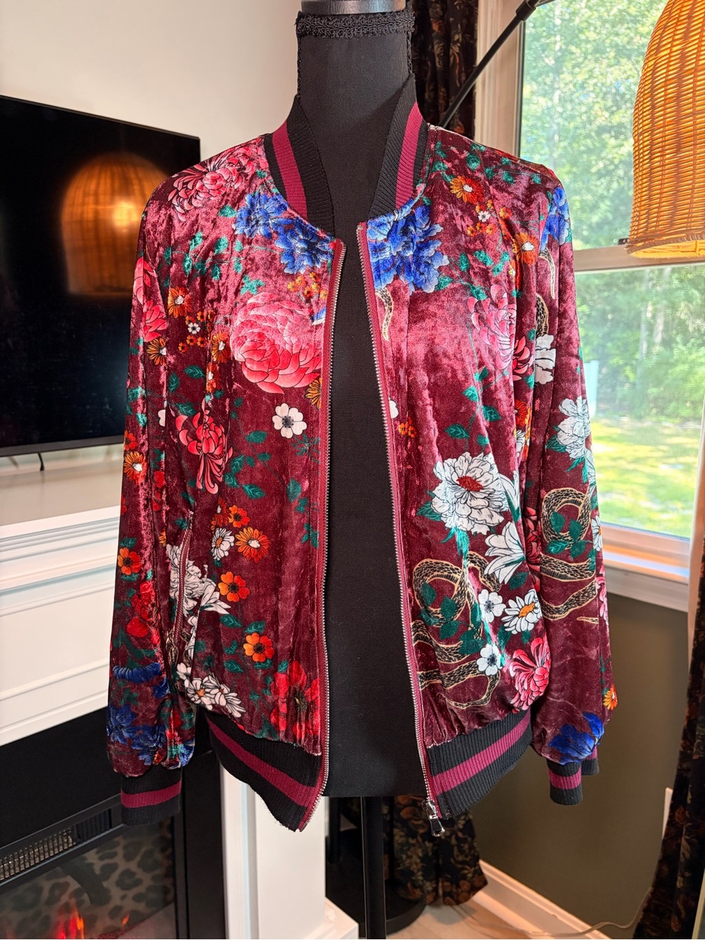 Colleen Lopez Burgundy Floral Velvet Bomber Jacket